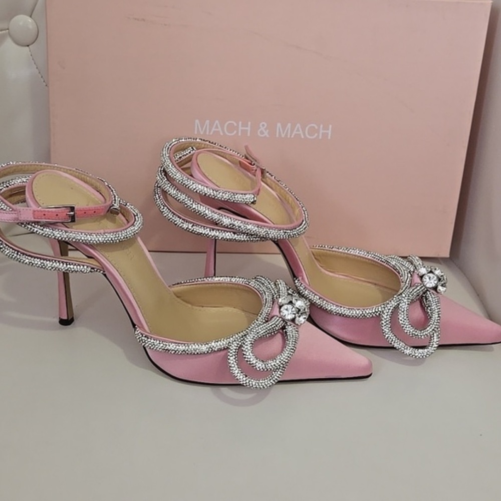 Pink Mach and Mach low heel light pink crystal heels